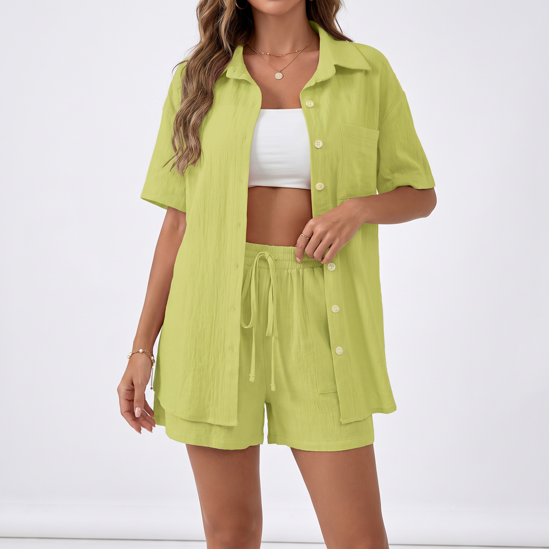 Button Down Shirt and Drawstring Shorts Two Piece Set-Bon Voyage Vintage