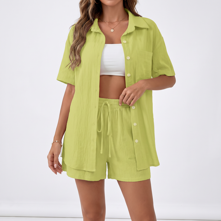 Button Down Shirt and Drawstring Shorts Two Piece Set-Bon Voyage Vintage