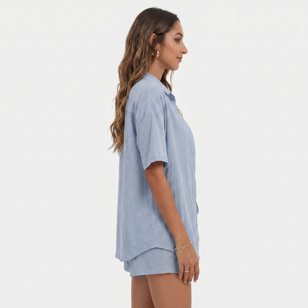 Button Down Shirt and Drawstring Shorts Two Piece Set-Bon Voyage Vintage