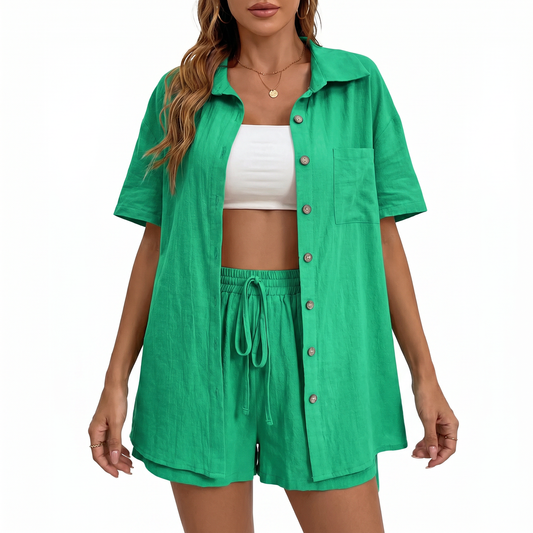 Button Down Shirt and Drawstring Shorts Two Piece Set-Bon Voyage Vintage