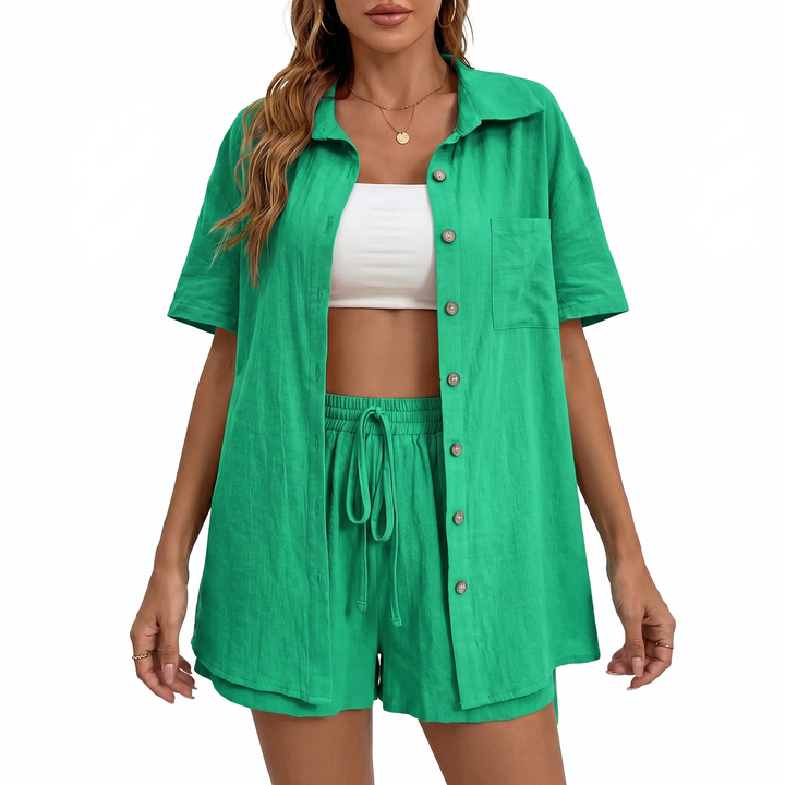 Button Down Shirt and Drawstring Shorts Two Piece Set-Bon Voyage Vintage