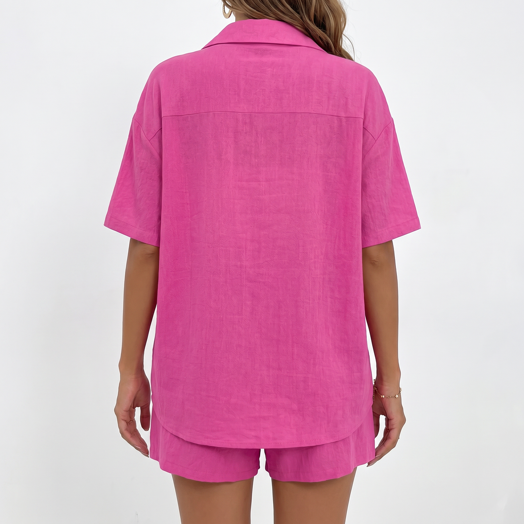 Button Down Shirt and Drawstring Shorts Two Piece Set-Bon Voyage Vintage