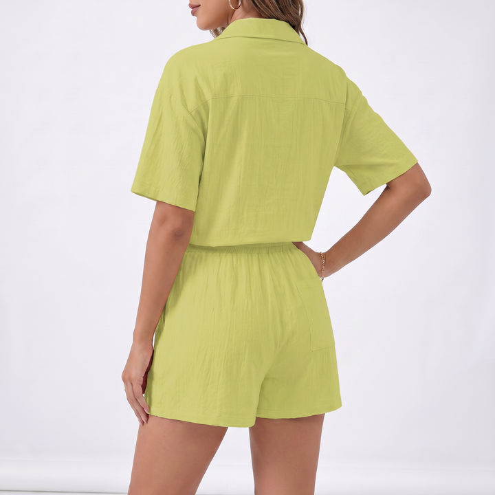 Button Down Shirt and Drawstring Shorts Two Piece Set-Bon Voyage Vintage