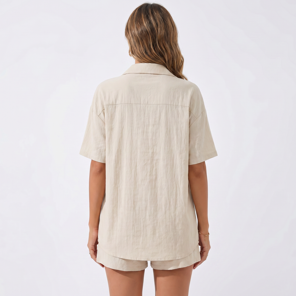Button Down Shirt and Drawstring Shorts Two Piece Set-Bon Voyage Vintage