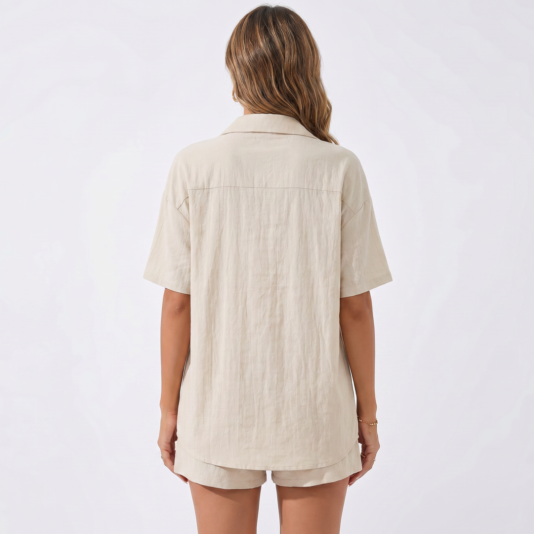 Button Down Shirt and Drawstring Shorts Two Piece Set-Bon Voyage Vintage