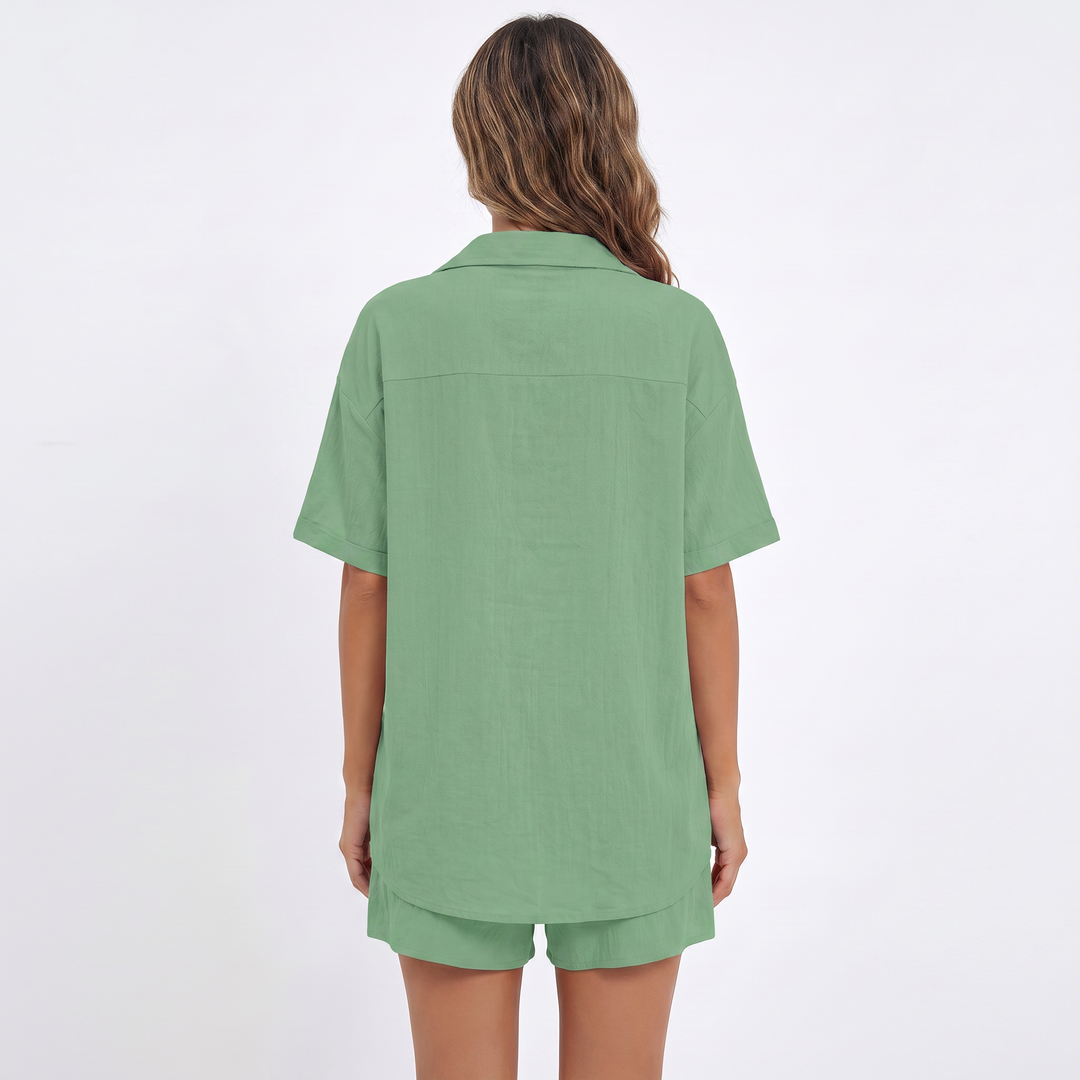 Button Down Shirt and Drawstring Shorts Two Piece Set-Bon Voyage Vintage