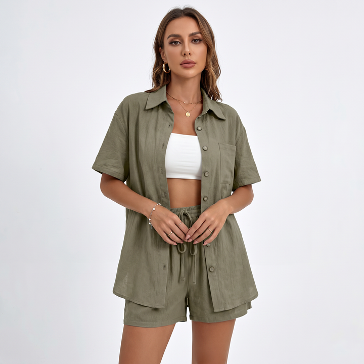 Button Down Shirt and Drawstring Shorts Two Piece Set-Bon Voyage Vintage