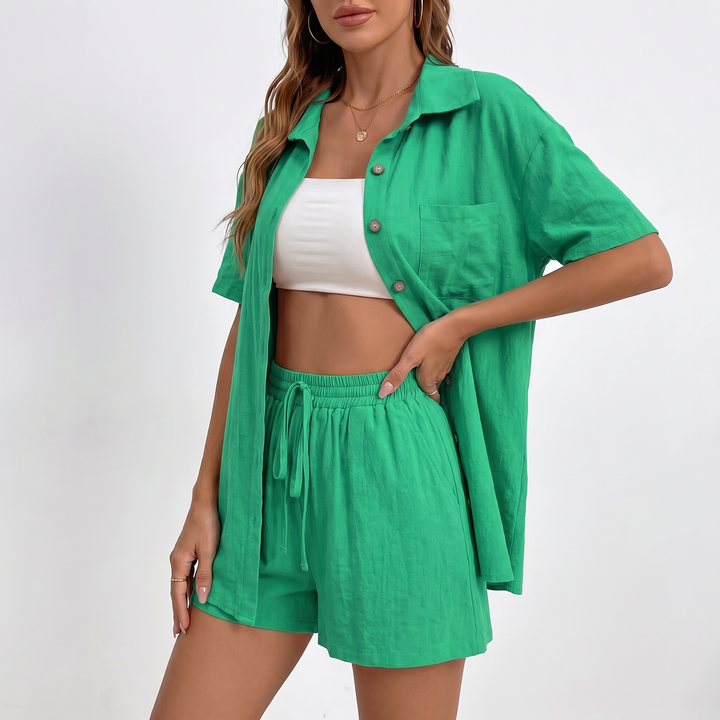 Button Down Shirt and Drawstring Shorts Two Piece Set-Bon Voyage Vintage