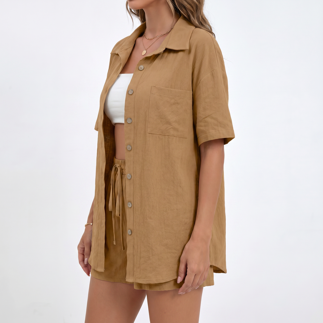 Button Down Shirt and Drawstring Shorts Two Piece Set-Bon Voyage Vintage