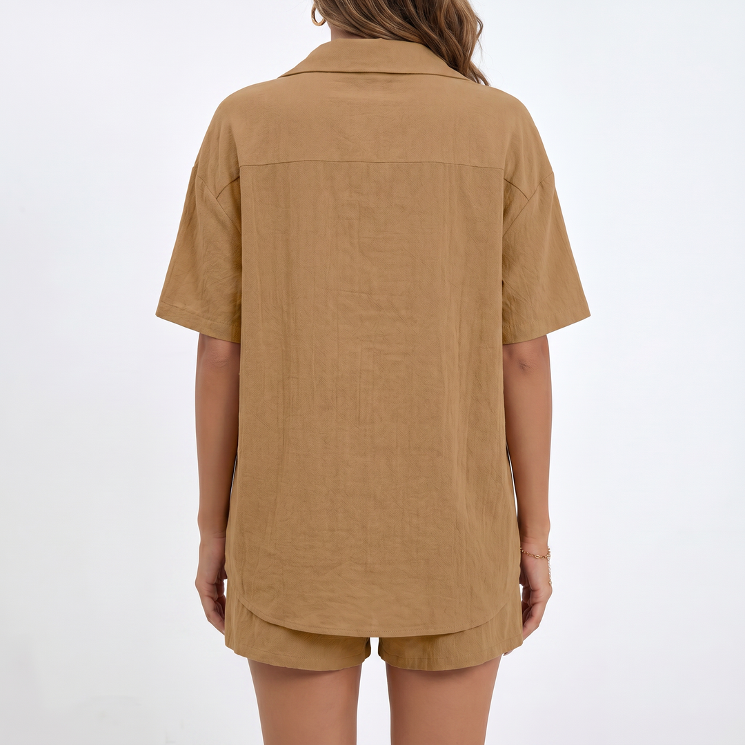 Button Down Shirt and Drawstring Shorts Two Piece Set-Bon Voyage Vintage