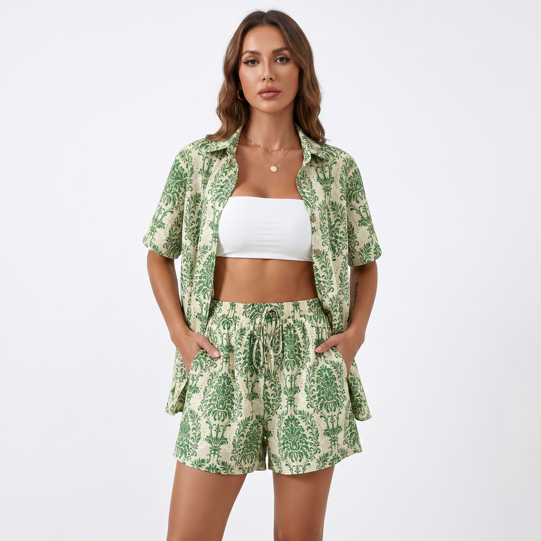 Button Down Shirt and Drawstring Shorts Two Piece Set-Bon Voyage Vintage
