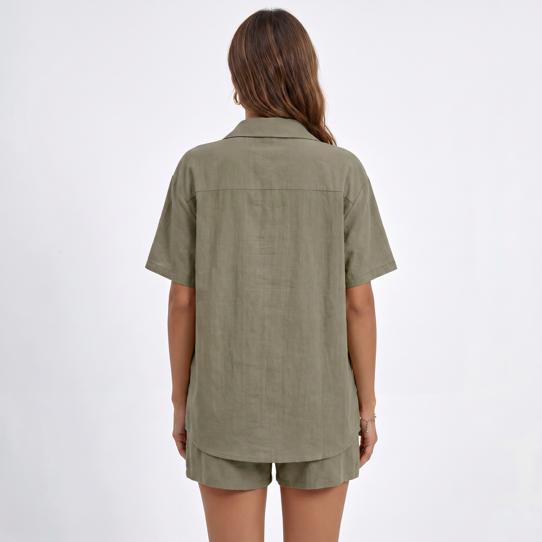 Button Down Shirt and Drawstring Shorts Two Piece Set-Bon Voyage Vintage