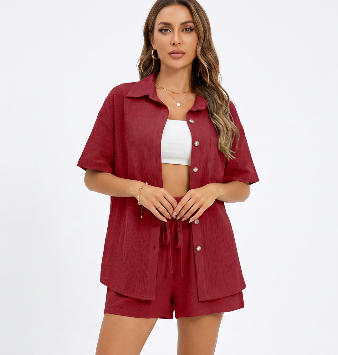 Button Down Shirt and Drawstring Shorts Two Piece Set-Bon Voyage Vintage