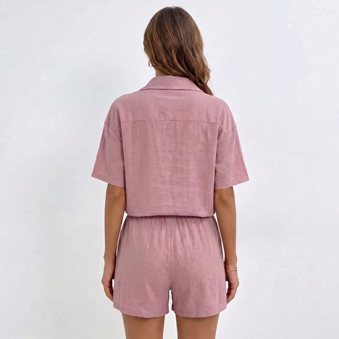 Button Down Shirt and Drawstring Shorts Two Piece Set-Bon Voyage Vintage