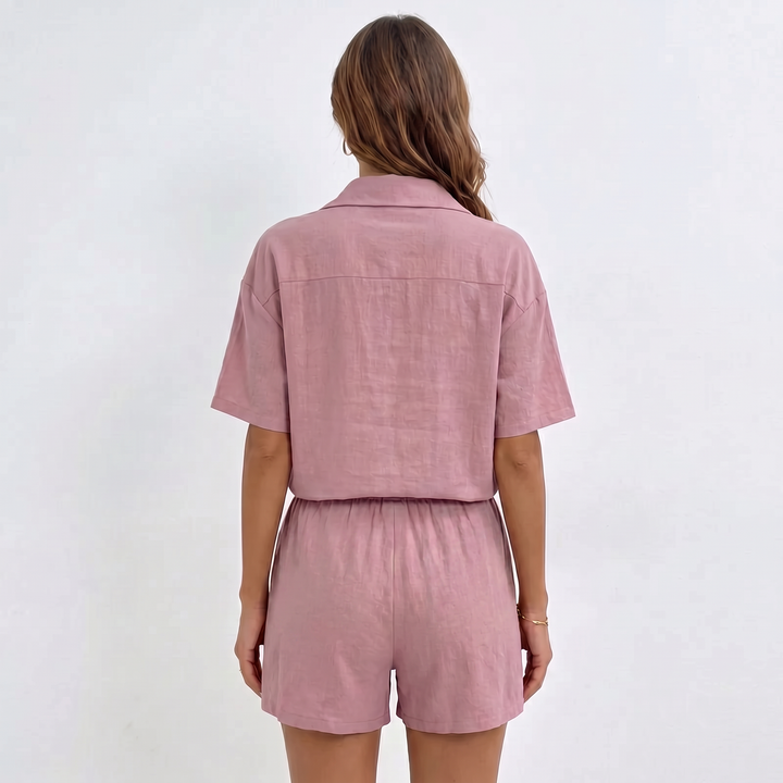 Button Down Shirt and Drawstring Shorts Two Piece Set-Bon Voyage Vintage