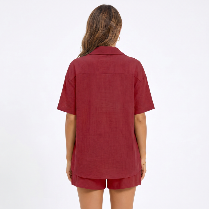 Button Down Shirt and Drawstring Shorts Two Piece Set-Bon Voyage Vintage