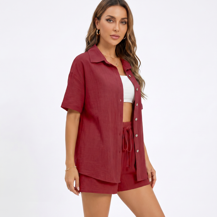 Button Down Shirt and Drawstring Shorts Two Piece Set-Bon Voyage Vintage
