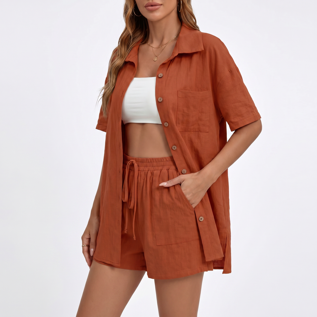 Button Down Shirt and Drawstring Shorts Two Piece Set-Bon Voyage Vintage