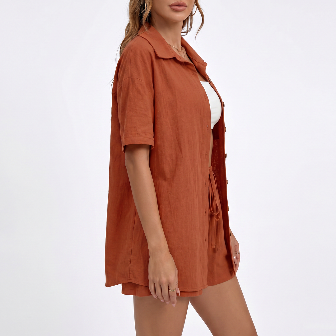 Button Down Shirt and Drawstring Shorts Two Piece Set-Bon Voyage Vintage