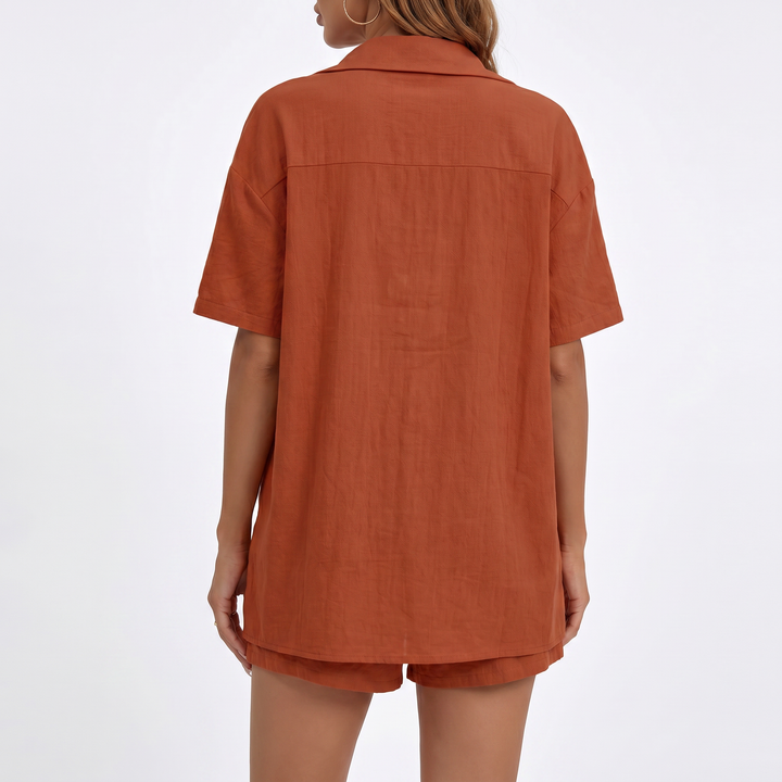Button Down Shirt and Drawstring Shorts Two Piece Set-Bon Voyage Vintage