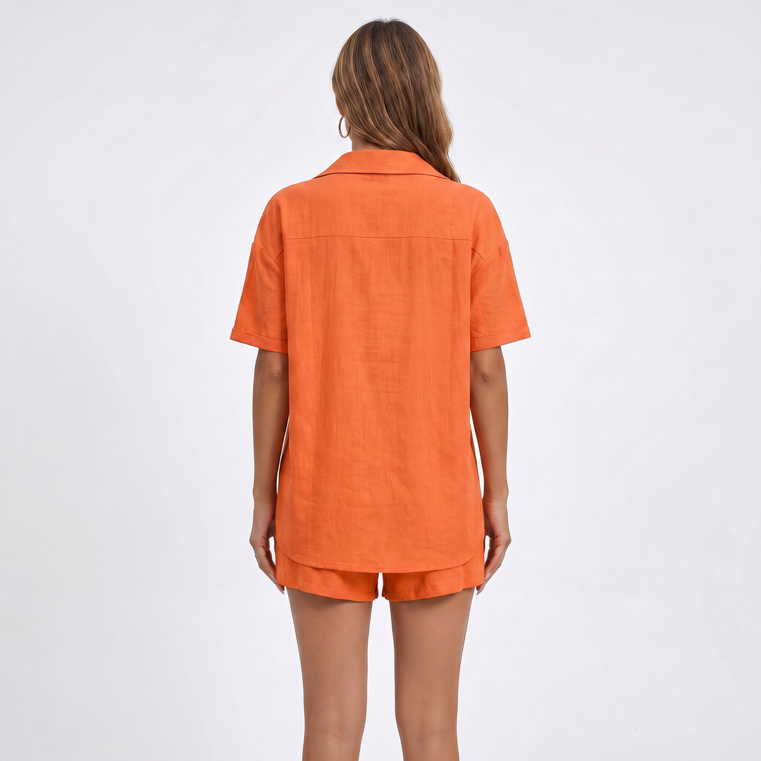 Button Down Shirt and Drawstring Shorts Two Piece Set-Bon Voyage Vintage