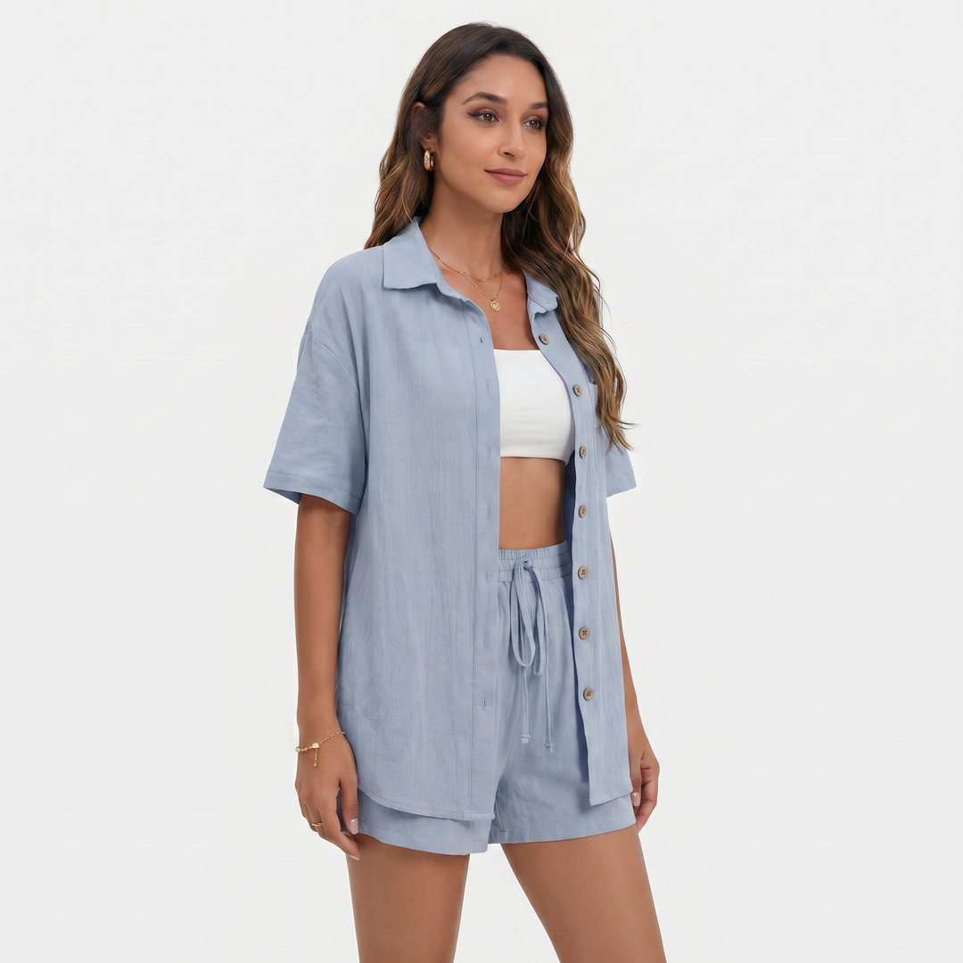 Button Down Shirt and Drawstring Shorts Two Piece Set-Bon Voyage Vintage