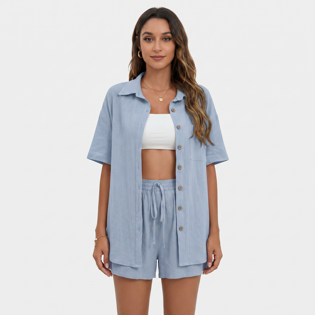 Button Down Shirt and Drawstring Shorts Two Piece Set-Bon Voyage Vintage