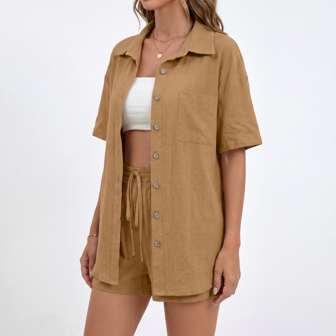 Button Down Shirt and Drawstring Shorts Two Piece Set-Bon Voyage Vintage