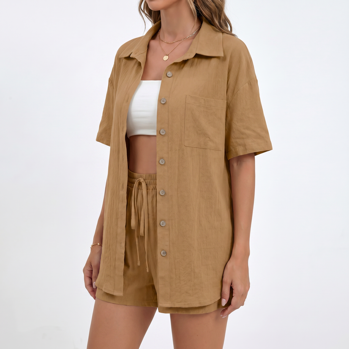 Button Down Shirt and Drawstring Shorts Two Piece Set-Bon Voyage Vintage