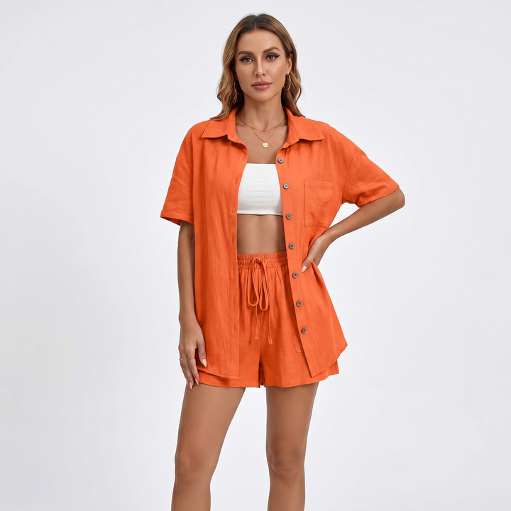 Button Down Shirt and Drawstring Shorts Two Piece Set-Bon Voyage Vintage