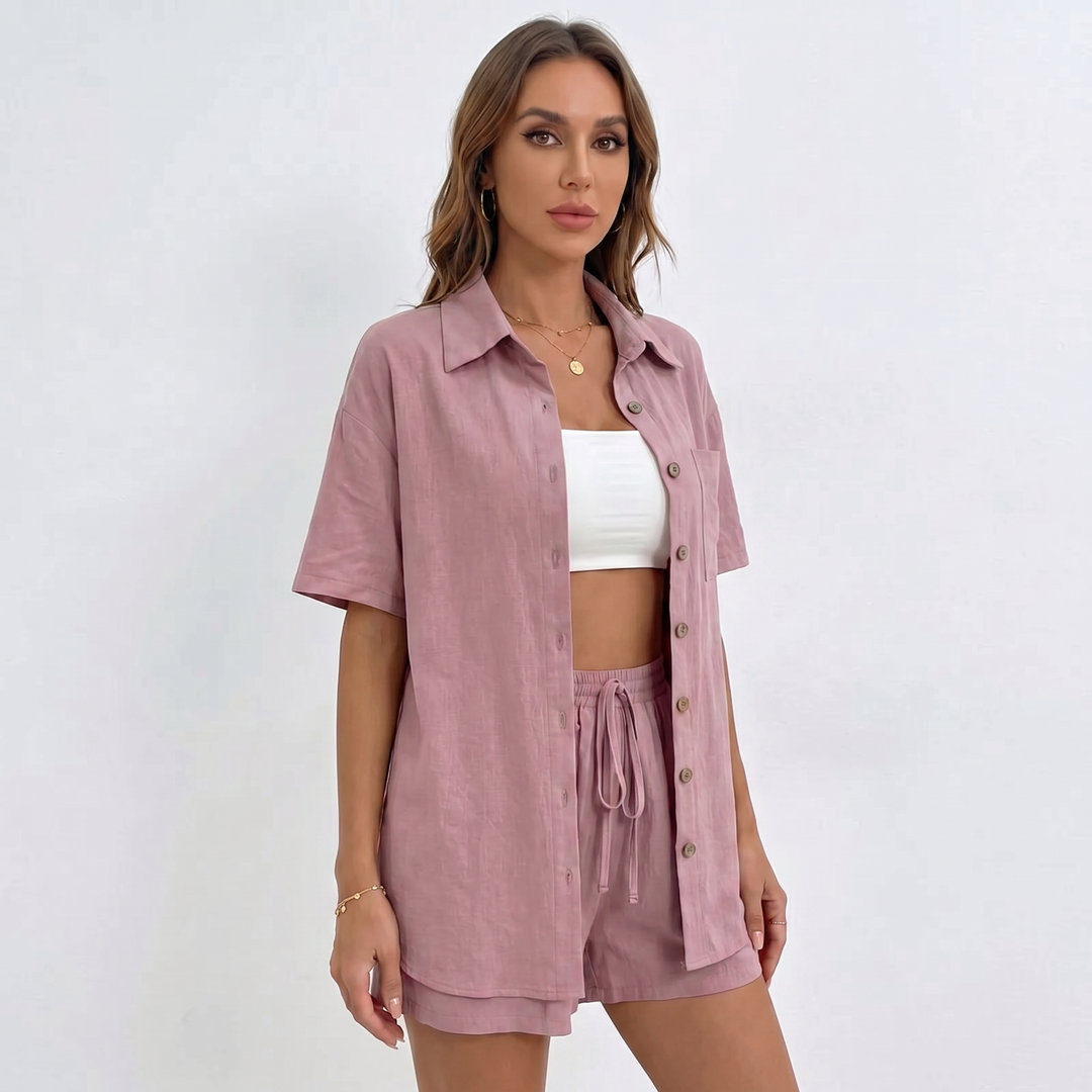 Button Down Shirt and Drawstring Shorts Two Piece Set-Bon Voyage Vintage