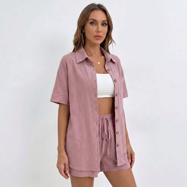 Button Down Shirt and Drawstring Shorts Two Piece Set-Bon Voyage Vintage