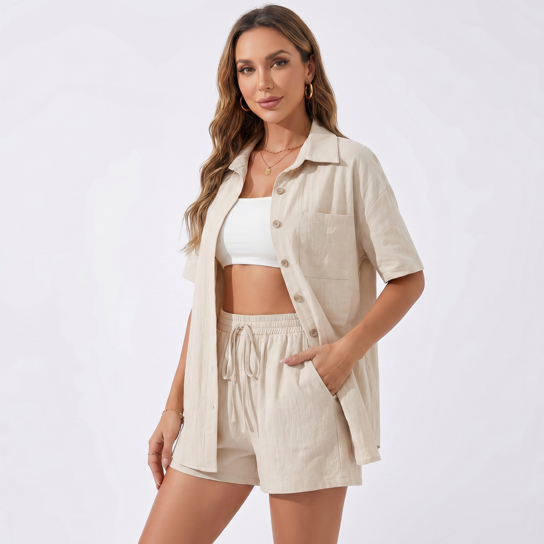 Button Down Shirt and Drawstring Shorts Two Piece Set-Bon Voyage Vintage