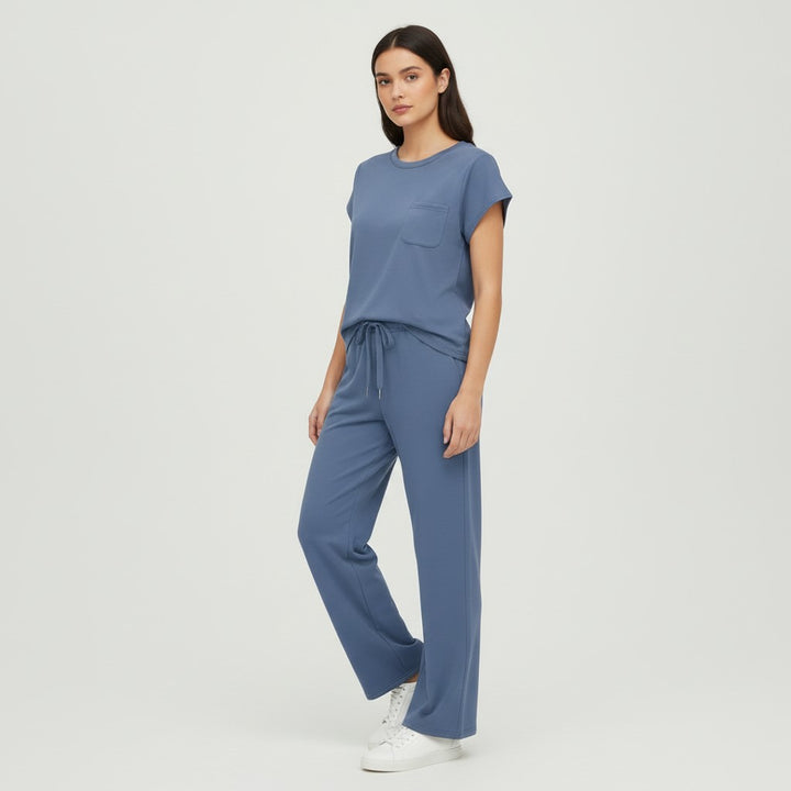 Casual Two-Piece Pants Suit with Round Neck and Pocket-Bon Voyage Vintage