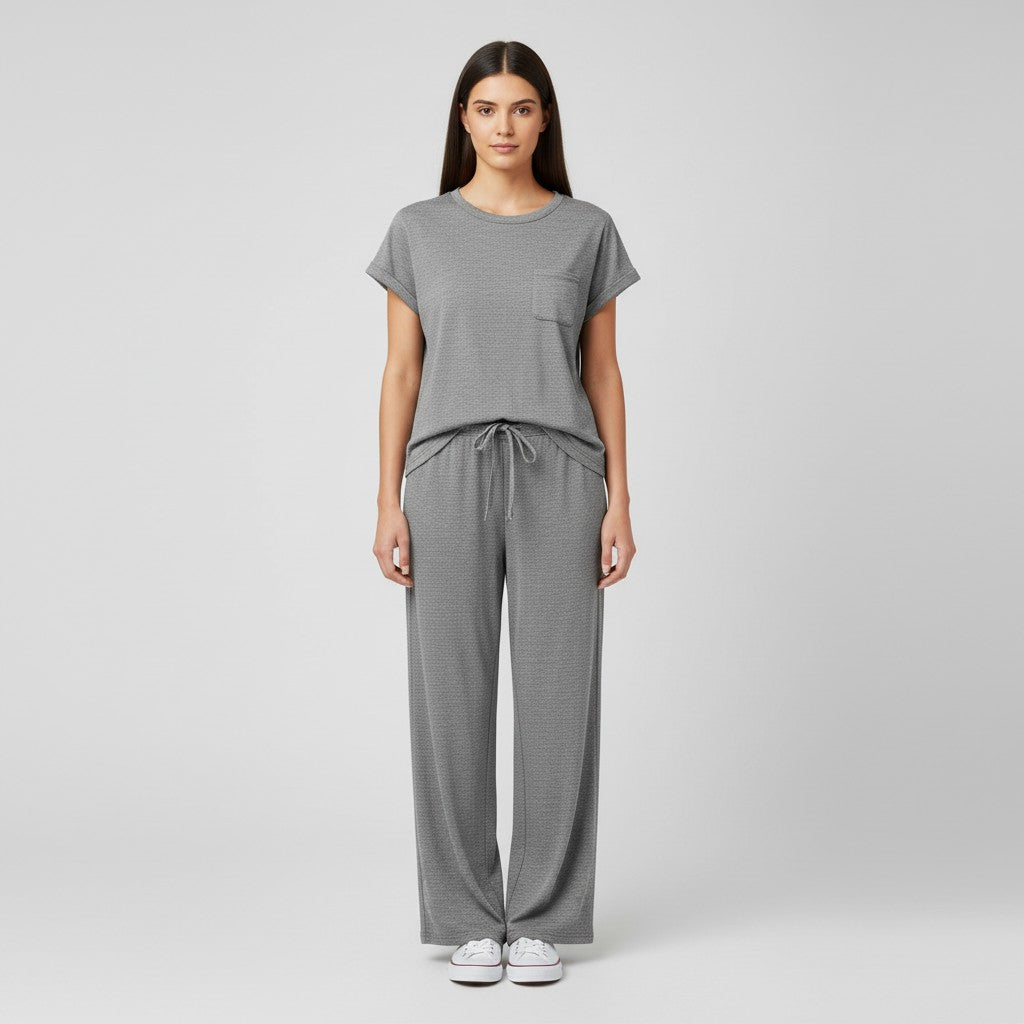 Casual Two-Piece Pants Suit with Round Neck and Pocket-Bon Voyage Vintage