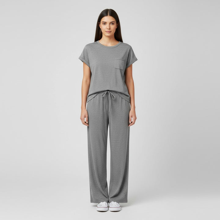 Casual Two-Piece Pants Suit with Round Neck and Pocket-Bon Voyage Vintage