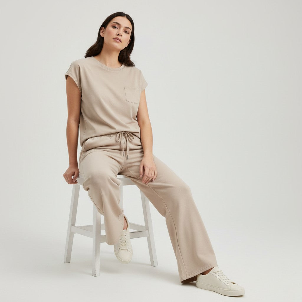 Casual Two-Piece Pants Suit with Round Neck and Pocket-Bon Voyage Vintage