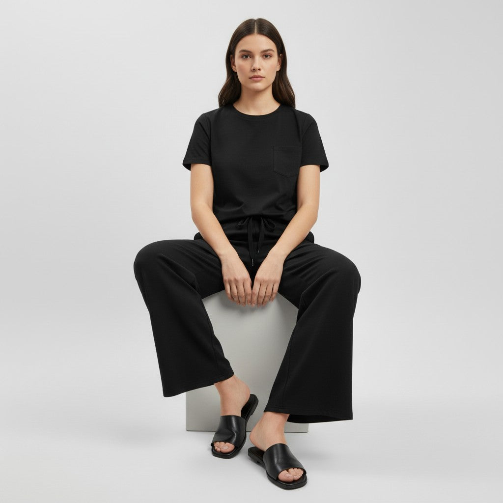 Casual Two-Piece Pants Suit with Round Neck and Pocket-Bon Voyage Vintage