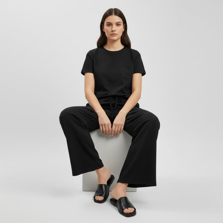 Casual Two-Piece Pants Suit with Round Neck and Pocket-Bon Voyage Vintage