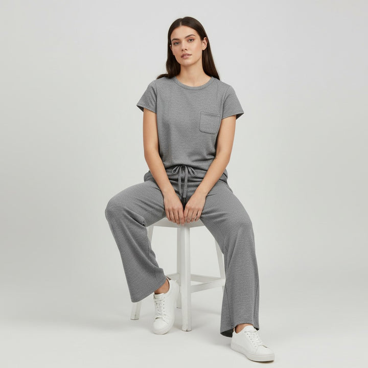 Casual Two-Piece Pants Suit with Round Neck and Pocket-Bon Voyage Vintage