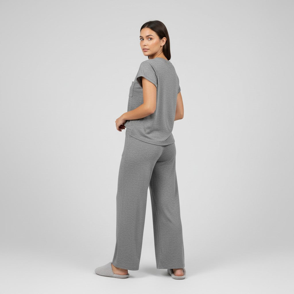Casual Two-Piece Pants Suit with Round Neck and Pocket-Bon Voyage Vintage