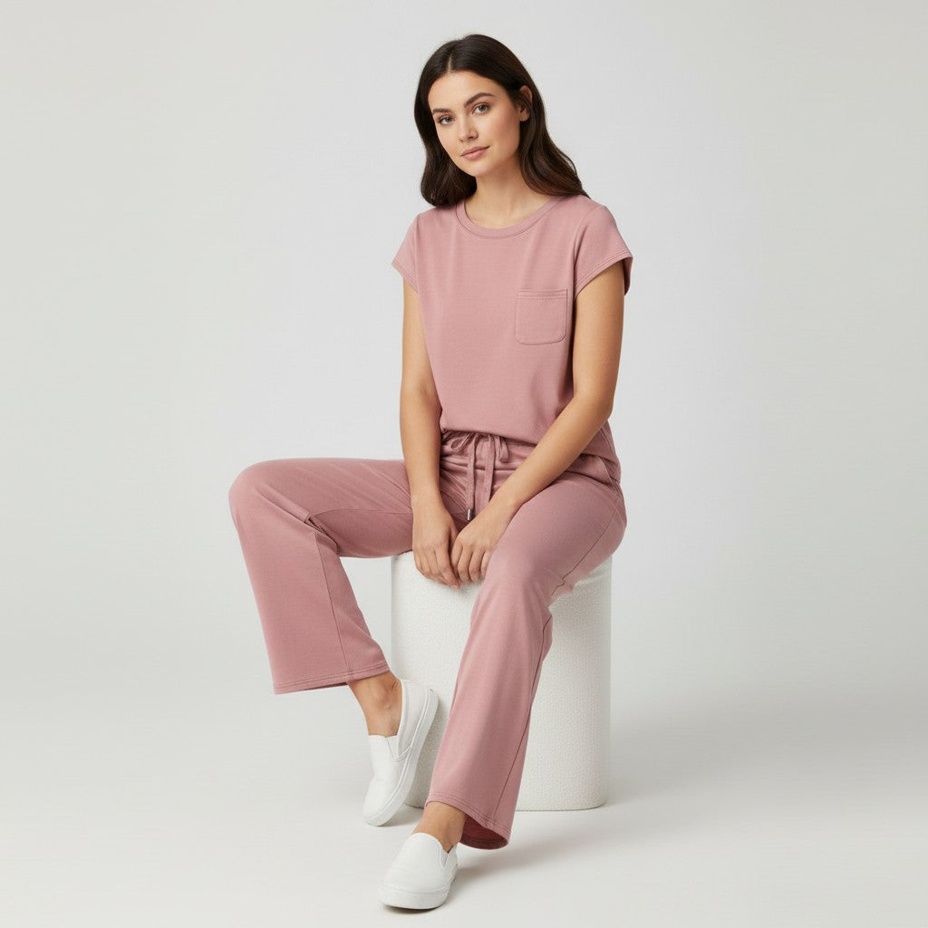 Casual Two-Piece Pants Suit with Round Neck and Pocket-Bon Voyage Vintage