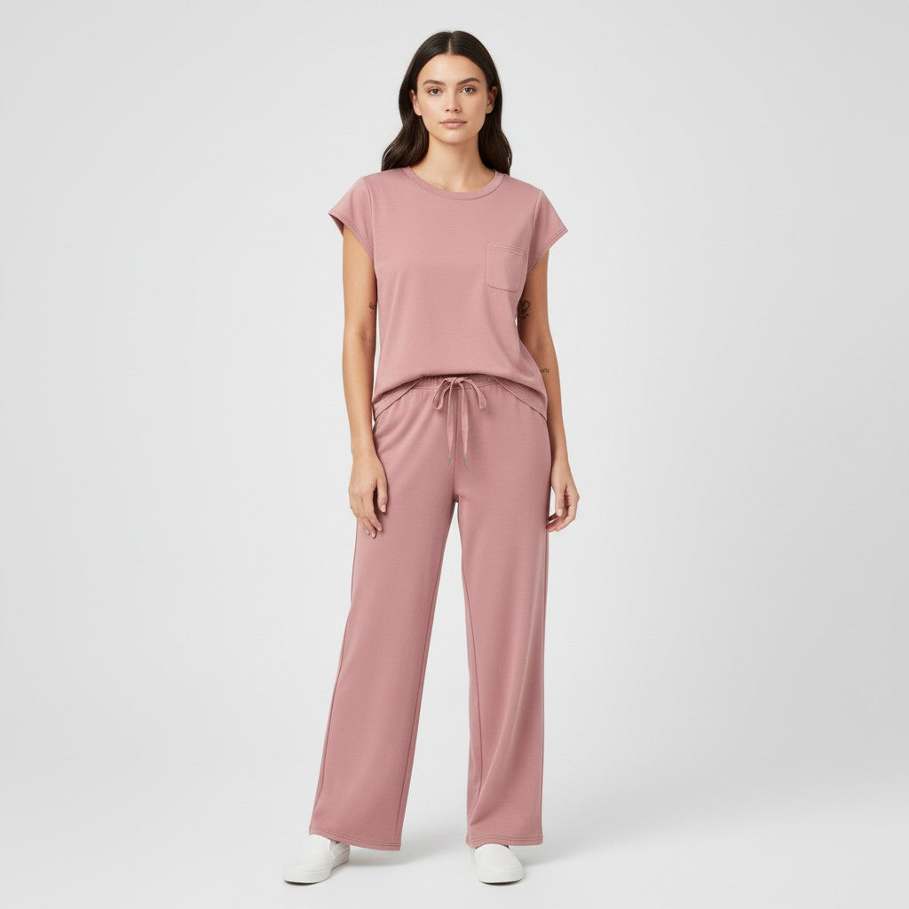 Casual Two-Piece Pants Suit with Round Neck and Pocket-Bon Voyage Vintage