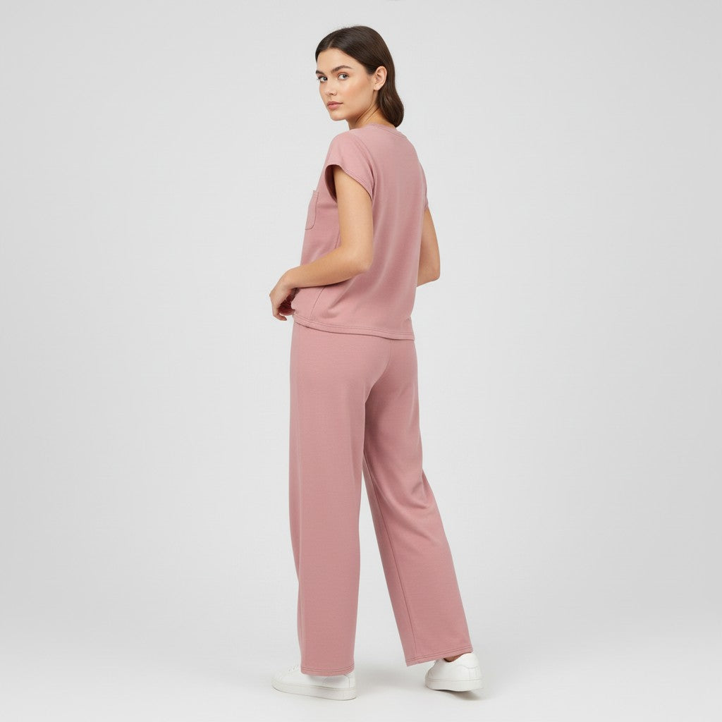 Casual Two-Piece Pants Suit with Round Neck and Pocket-Bon Voyage Vintage
