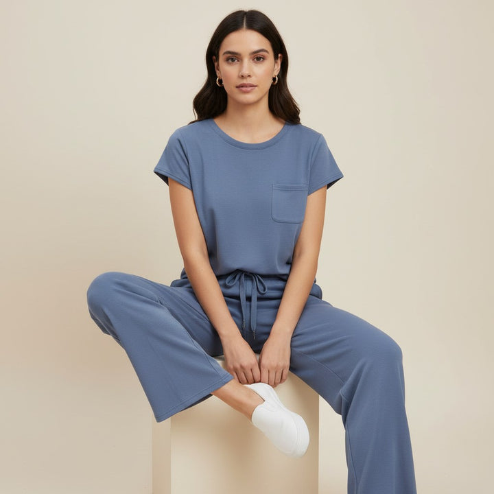 Casual Two-Piece Pants Suit with Round Neck and Pocket-Bon Voyage Vintage