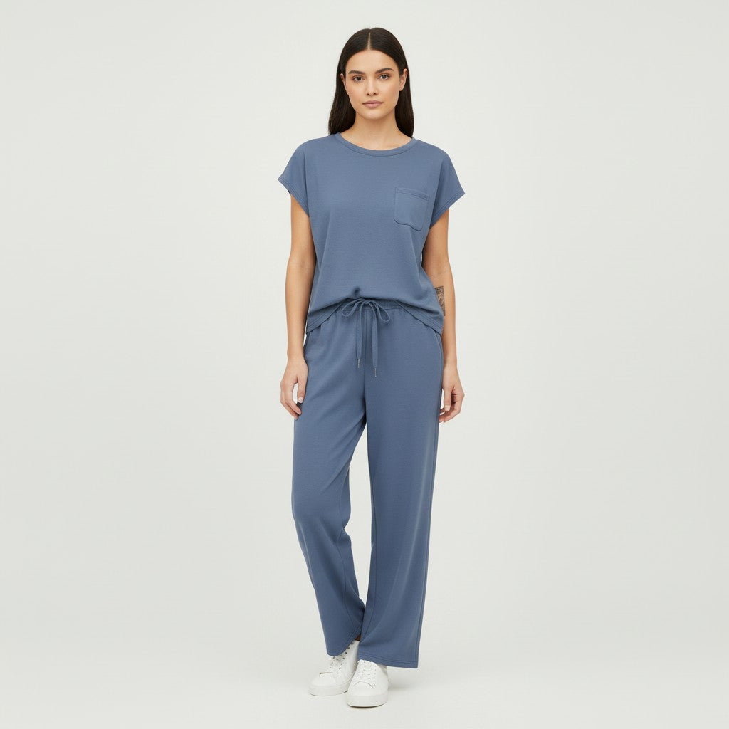 Casual Two-Piece Pants Suit with Round Neck and Pocket-Bon Voyage Vintage