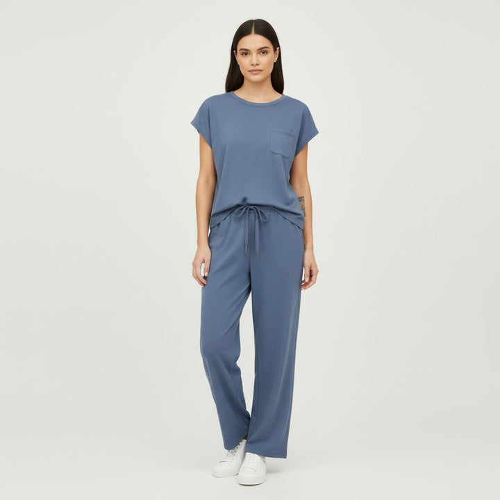 Casual Two-Piece Pants Suit with Round Neck and Pocket-Bon Voyage Vintage