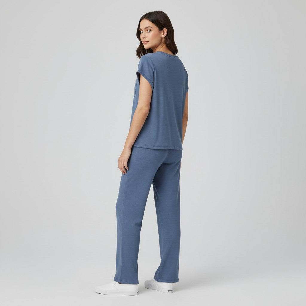 Casual Two-Piece Pants Suit with Round Neck and Pocket-Bon Voyage Vintage