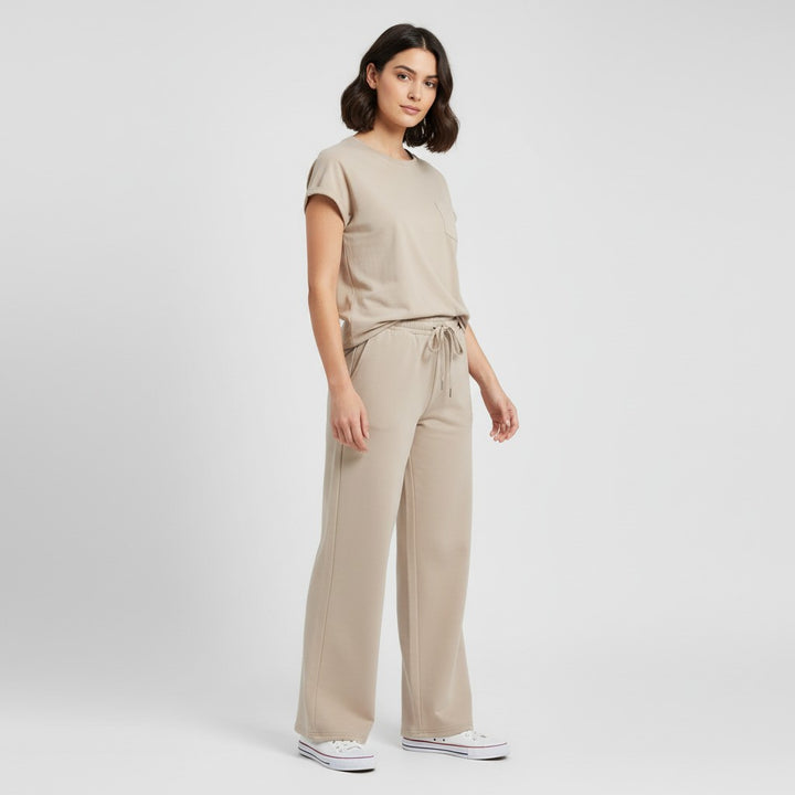 Casual Two-Piece Pants Suit with Round Neck and Pocket-Bon Voyage Vintage