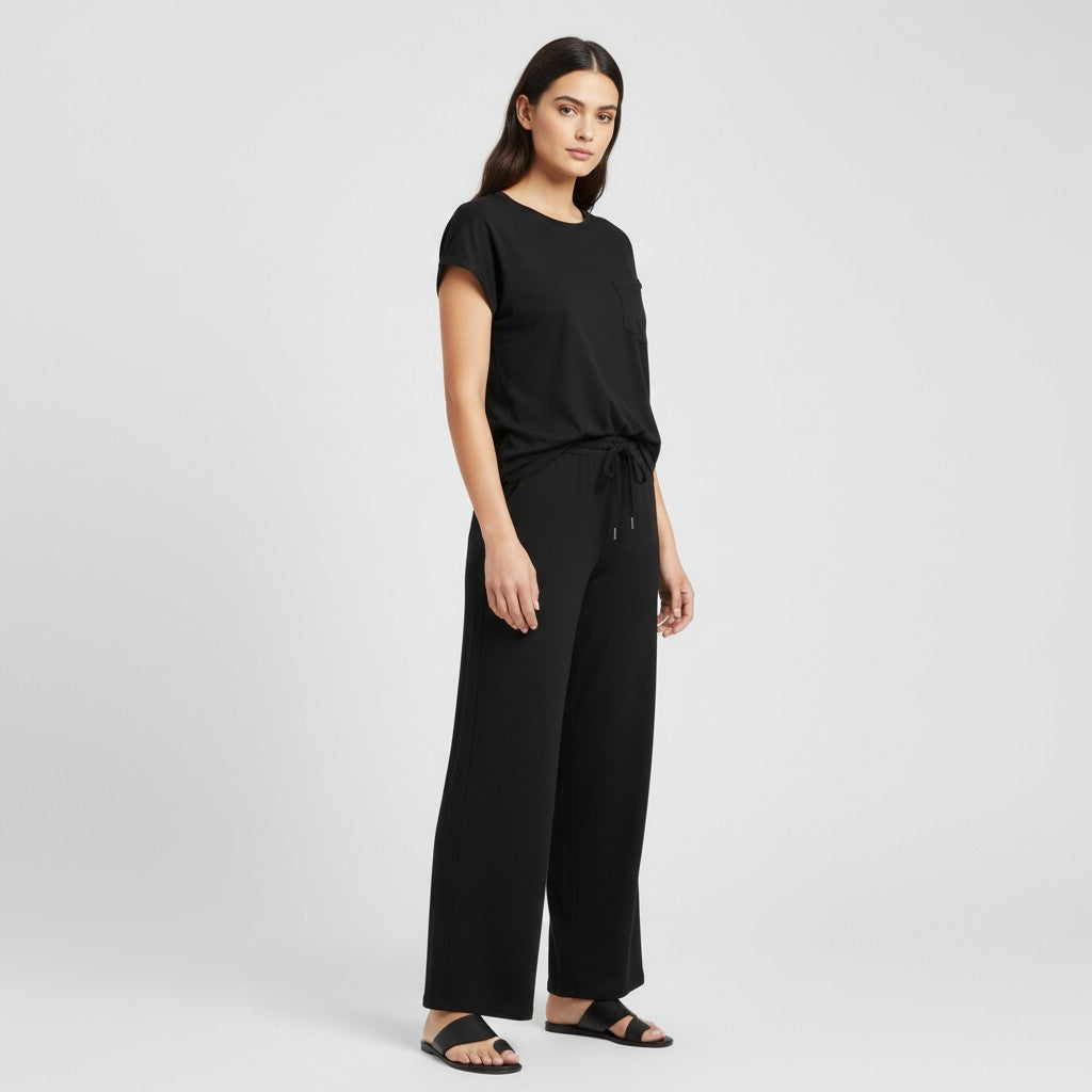Casual Two-Piece Pants Suit with Round Neck and Pocket-Bon Voyage Vintage